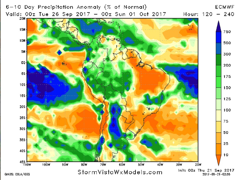 9/21/17 Thurs. South America: Relief coming to parts of the Brazilian Croplands? Details here. K.