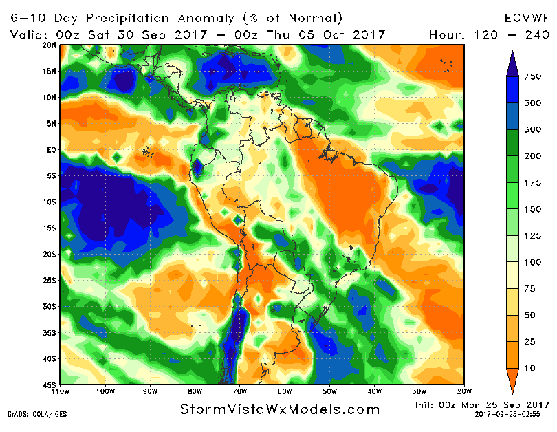 9/25/17 Mon South America: Active rains return to areas that have been dry this month. K.