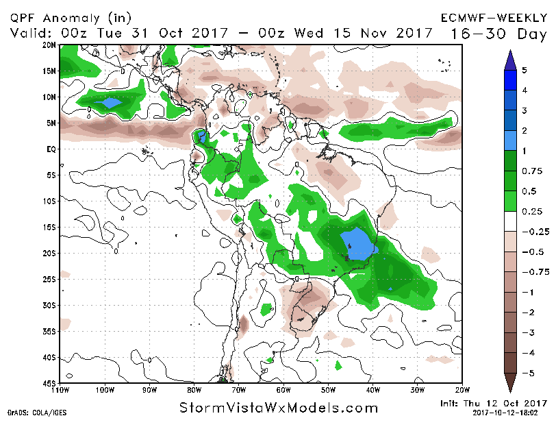 10-13-17 South America: Discussing latest Weeklies…support for a wetter central Brazil in Nov? Details here! K.