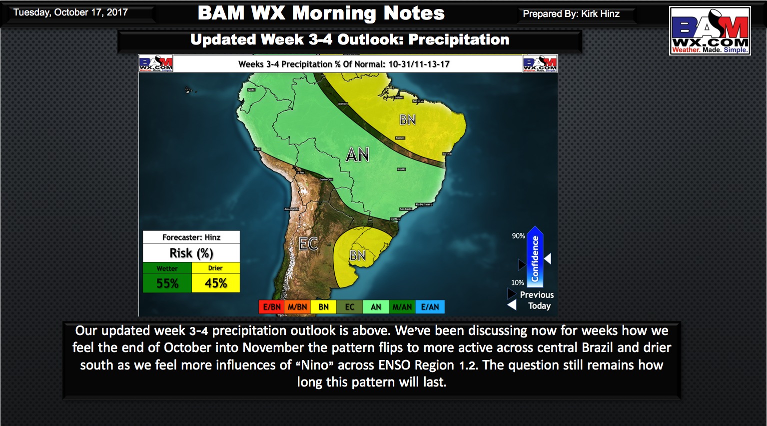 10-17-17 South America: Long-range analysis…confidence increasing in pattern change ahead. K.