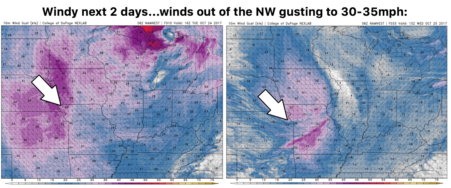 10-24-17 Missouri: Windy next 2 days ahead…latest details regarding freeze potential this weekend. K.