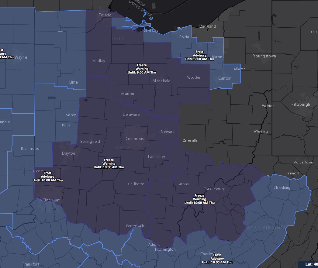 10-25-17 Ohio: Widespread frost/freeze possible Thu AM…next rain chance moves east early weekend. K.