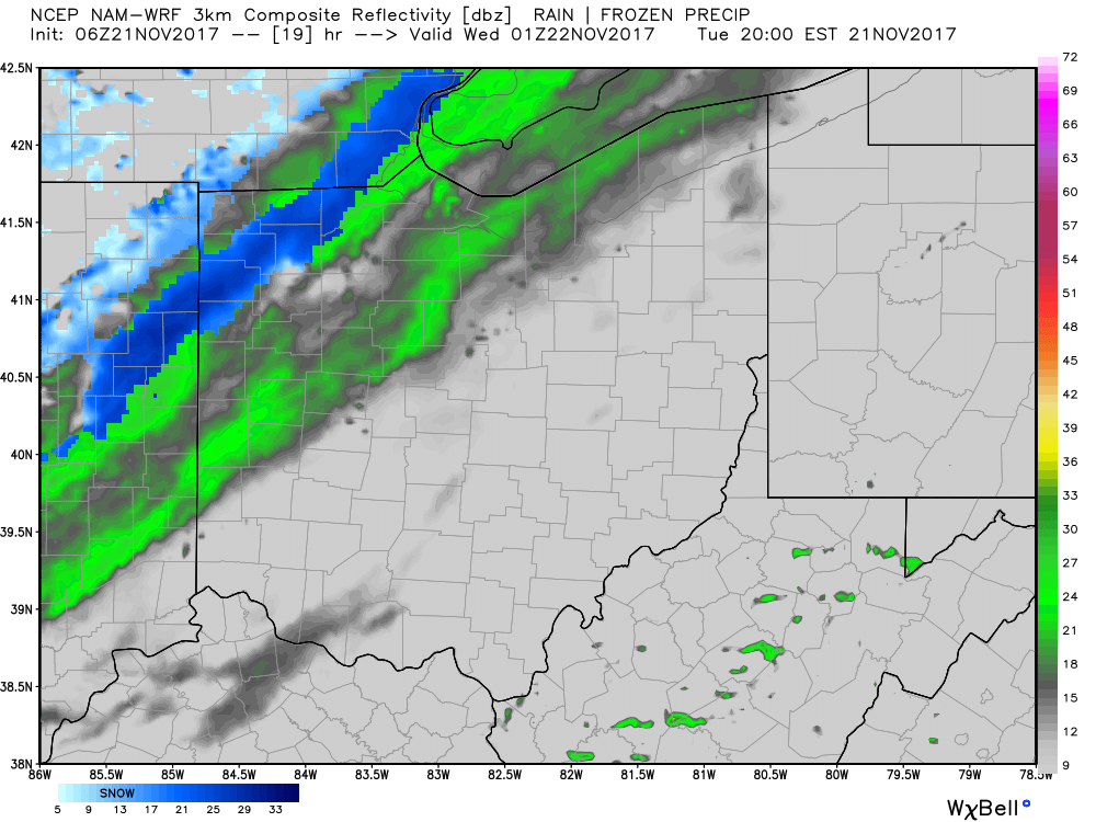11-21-17 Ohio: Light showers work east today…lake-enhanced snow showers possible into Wed AM…updated Thanksgiving forecast! K.