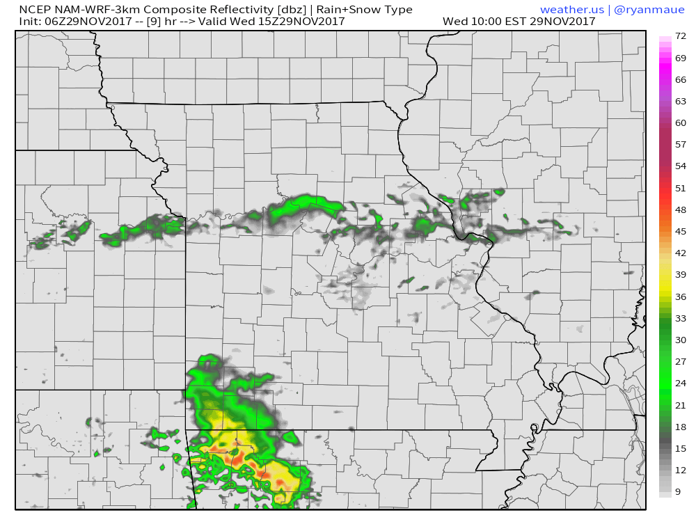 11-29-17 Missouri: Light showers possible into Thurs south…targeting much colder conditions getting into next week. K.