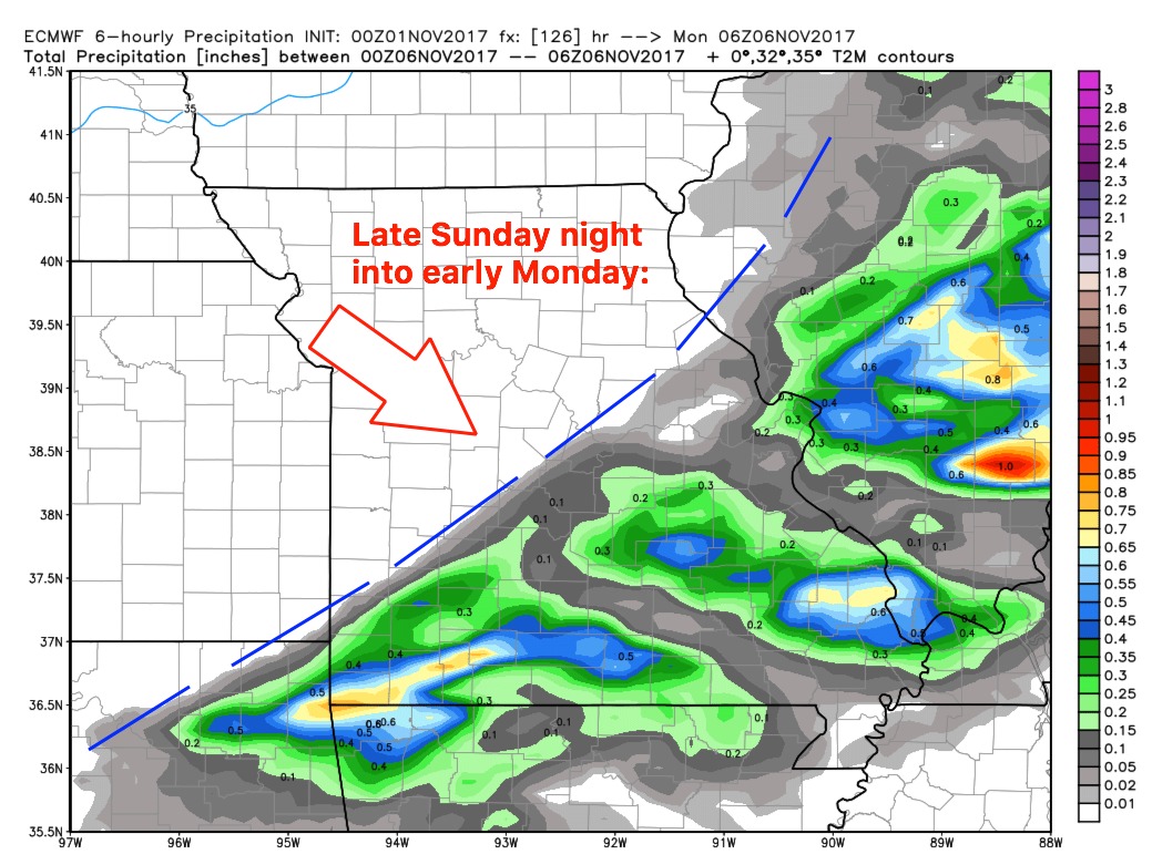 11-1-17 Missouri: Showers persist SE this wk…warming trend into the wknd as well; gusty storms late Sun? K.