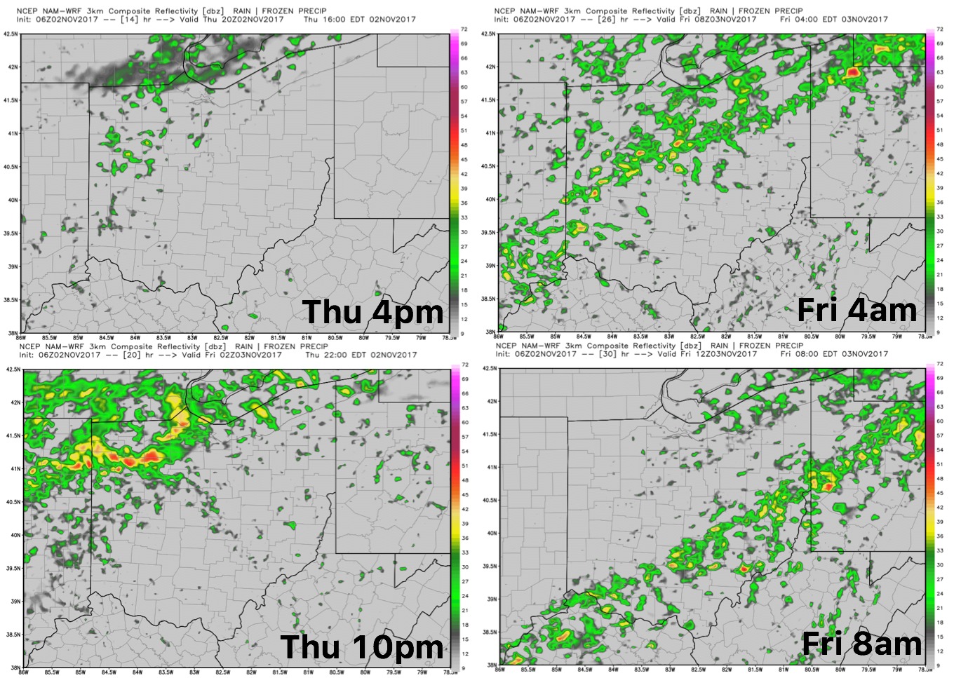 11-2-17 Ohio: Much warmer today with showers/storms moving southeast tonight…eyeing late wknd strong storms. K.