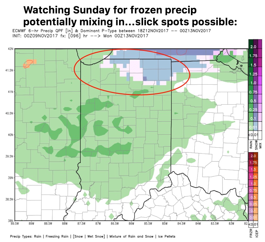 11-9-17 Indiana: Eyeing lake effect snow into Fri AM…coldest air of the season filters in. K.