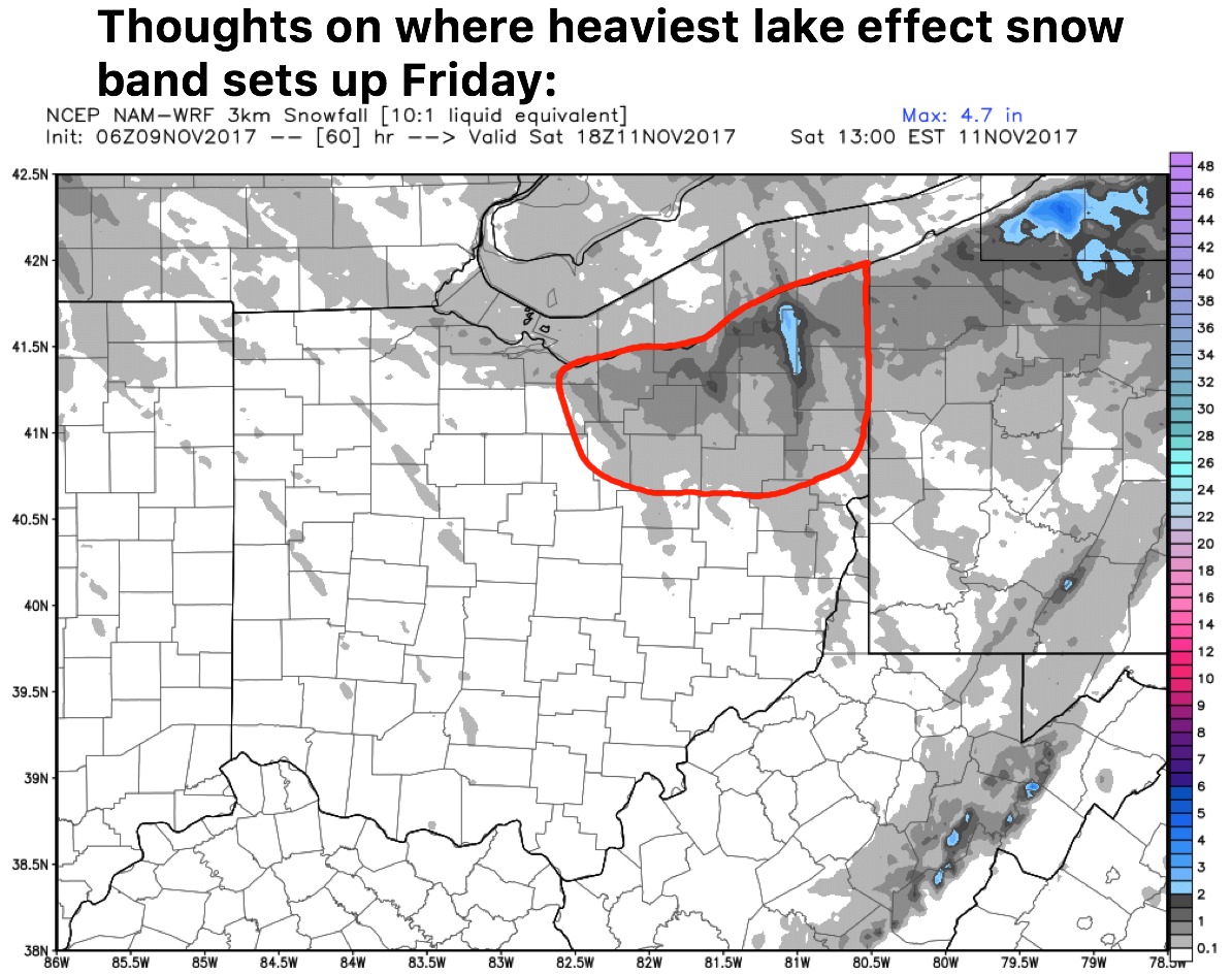 11-9-17 Ohio: Targeting lake effect snow Friday…coldest air of the season crashes in next 2 days. K.