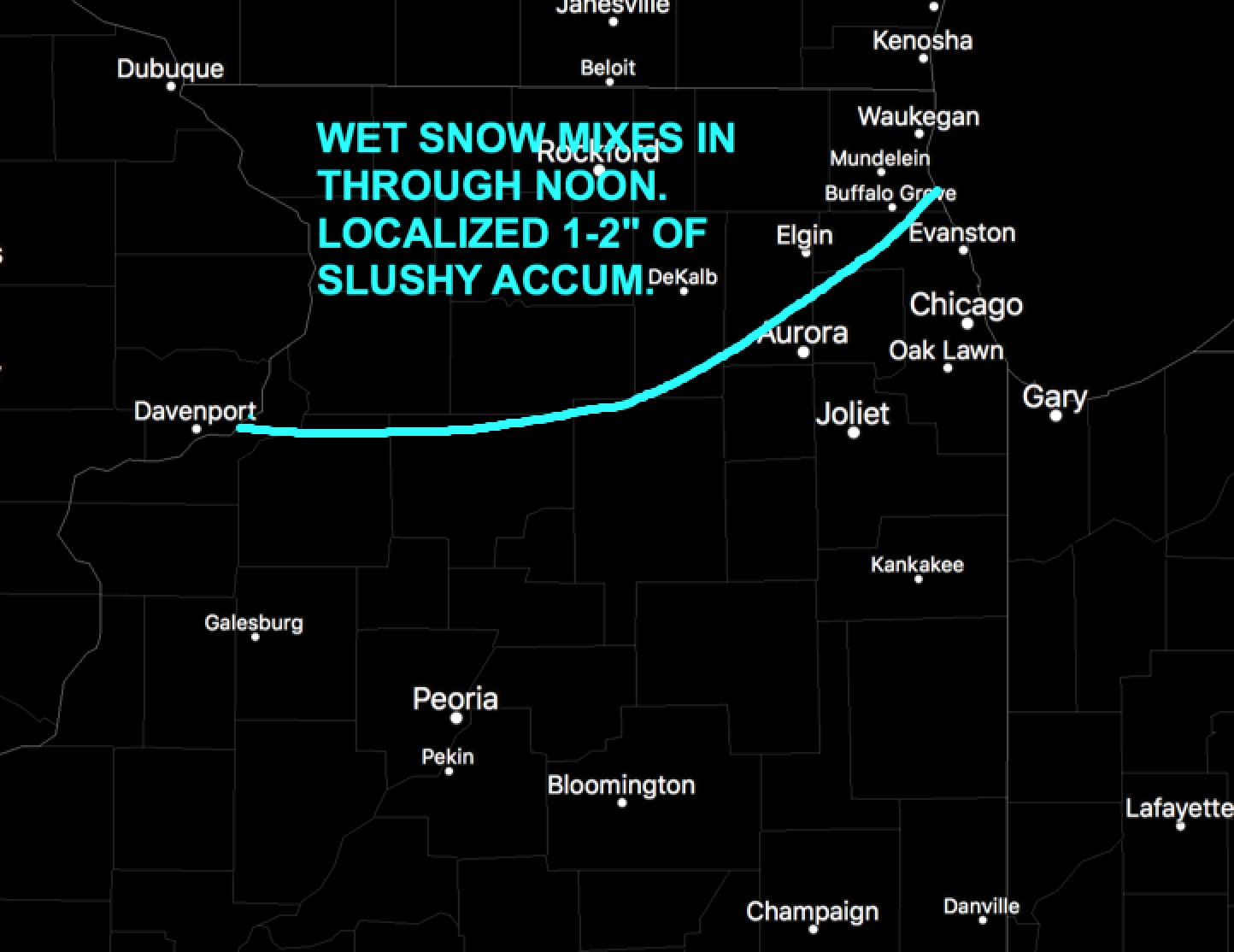 11-12-17 SUN AM Illinois Forecast: Some slushy snowfall in far northern Illinois this morning, showers elsewhere.  Details here. N.