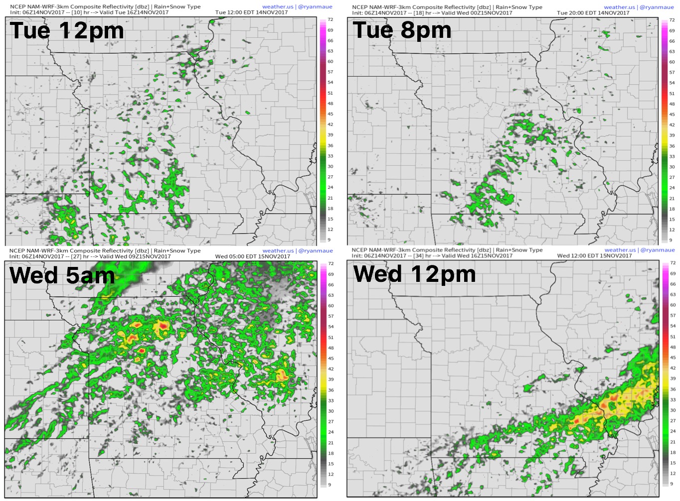 11-14-17 Missouri: Wet and mild into mid-week…continue to target a gusty storm threat east into Saturday. K.