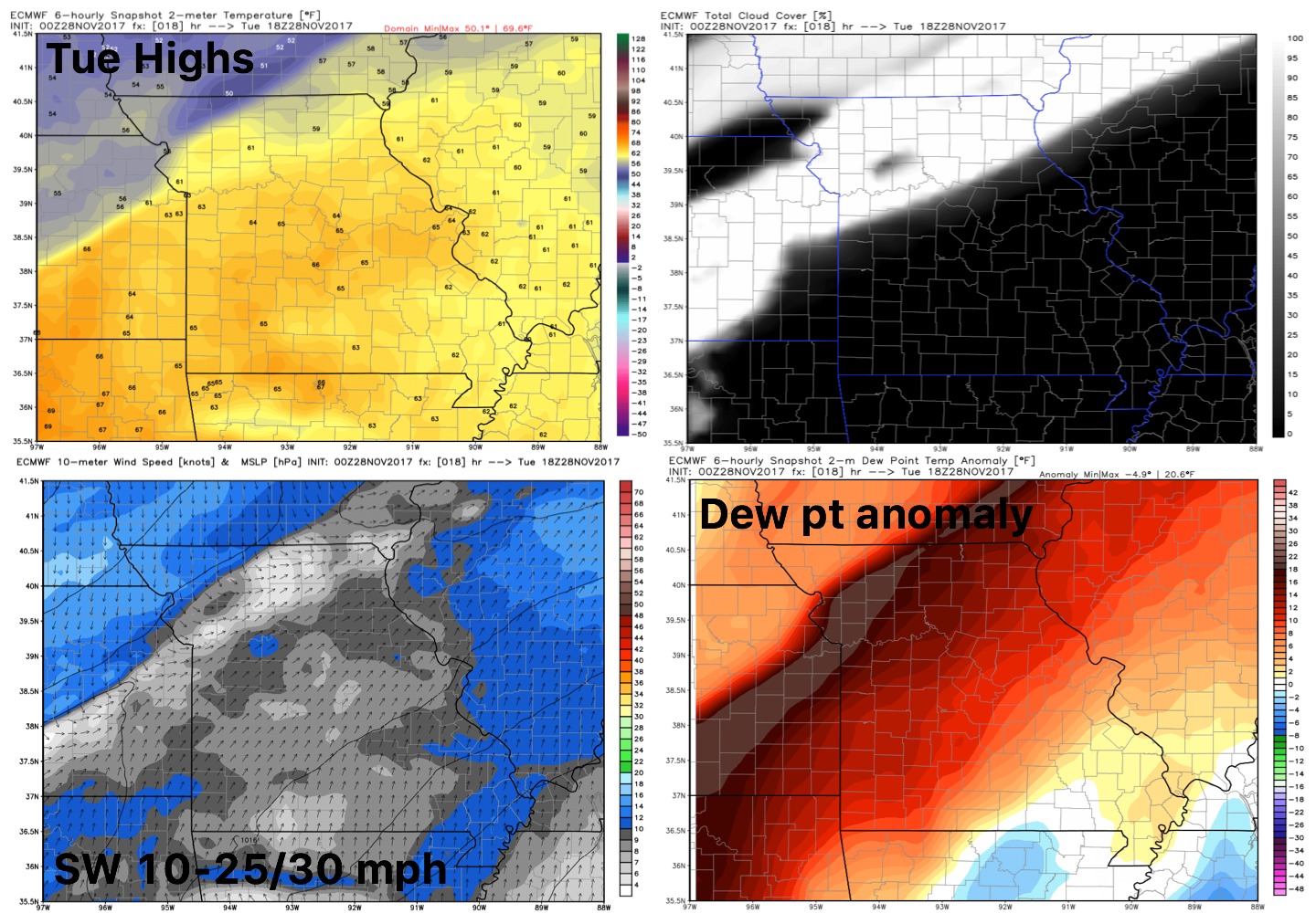 11-28-17 Missouri: Very warm week ahead…targeting rainfall chances next 2 days & pattern change into next week. K.