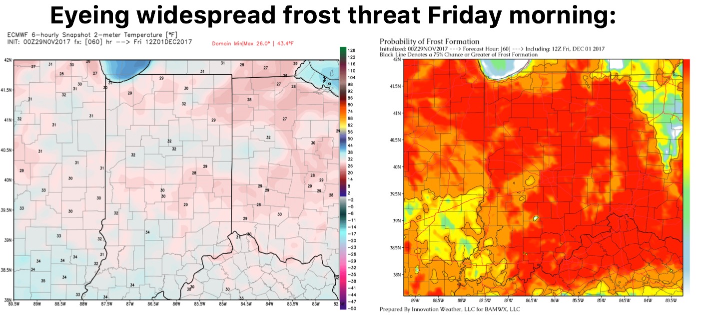 11-29-17 Indiana: Mild conditions persist with spotty showers into Thurs…continue to eye big pattern change next week. K.