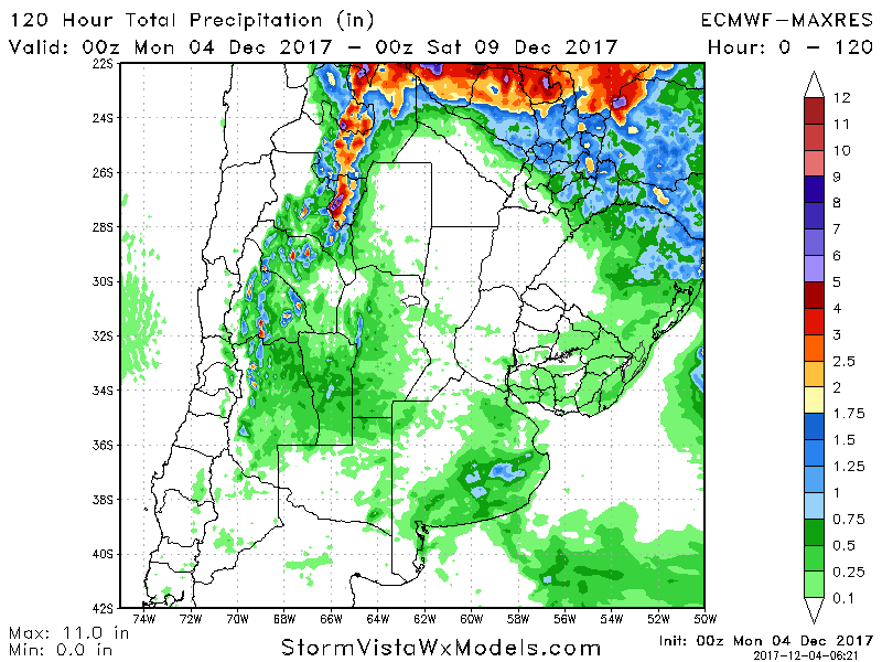 12-4-17 South America: Analyzing weekend rainfall…high pressure takes hold bringing drier risks across Argentina into mid-Dec. K.