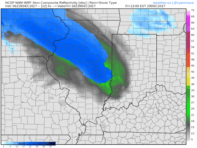 12-29-17 Indiana: Accumulating snow moves east today through Sat AM…additional shot of snow into NYE? Details here! K.