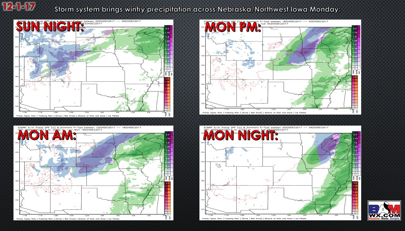 12-1-17 Central Plains Regional Forecast: Mild and dry through much of the weekend – Big changes early next week…snow north.  N.