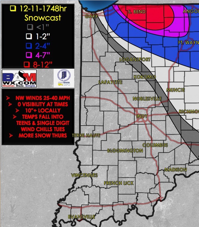 12-11-17 Indiana short-term update on accumulating snowfall (lake effect) into Wednesday morning. K.