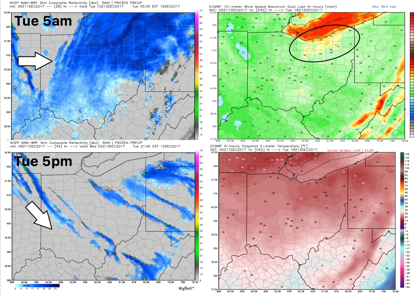 12-11-17 Ohio: Targeting slick spots north tonight…the Lake effect snow machine gears up in a big way Tues with accumulating snowfall likely. K.