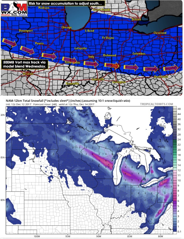 12-12-17 IL/IN short-term: Heavy lake effect snow continues across northern IN…update on accumulating snowfall potential & risks into Wednesday. K.