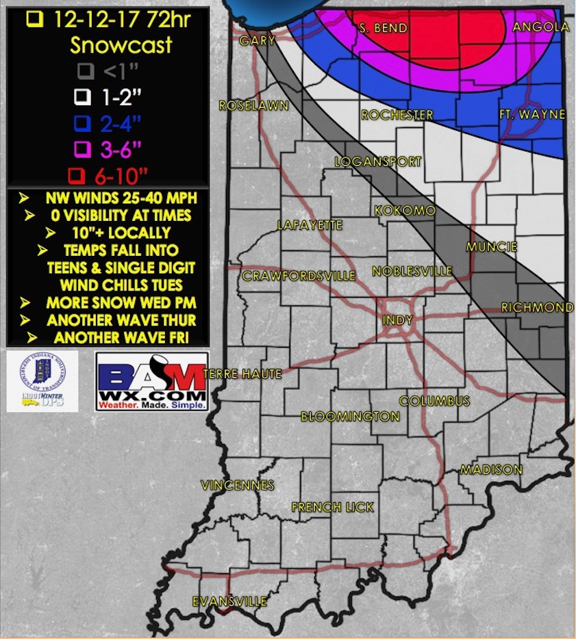 12-12-17 Indiana: Noting slick spots this AM…latest on multiple bouts of accumulating snowfall (mainly north) into mid-to-late week. K.