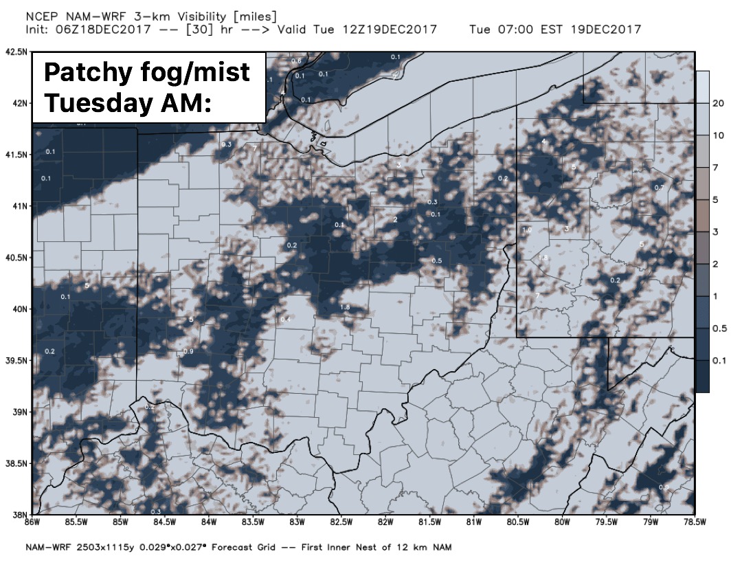 12-18-17 Ohio: Patchy fog into Tues AM…overall mild week ahead…targeting late week rainfall + update on Christmas. K.