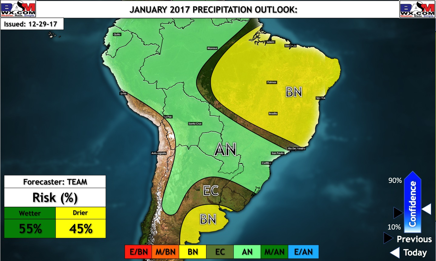 12-29-17 South America: Official January precipitation forecast update…rainfall lingering across Argentina? Latest here! K.