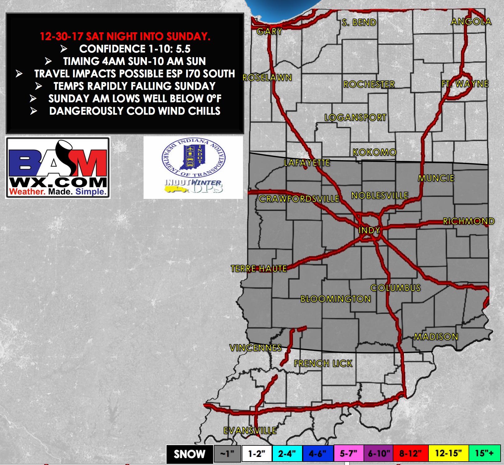 12-30-17 Indiana/INDOT Update: Chance for light snow accumulations late tonight/early tomorrow! B.