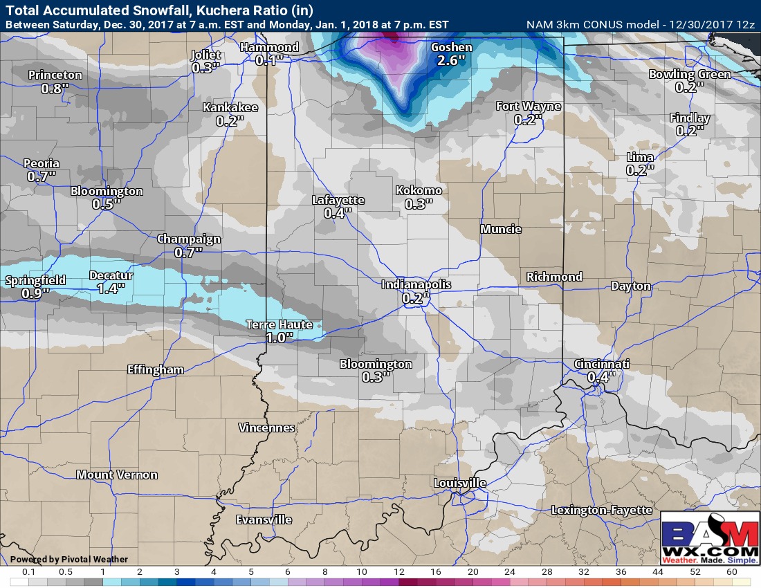 12-30-17 Northern Indiana Forecast Update: Steady stream of accumulating lake effect snow into New Years Eve…latest here. K.