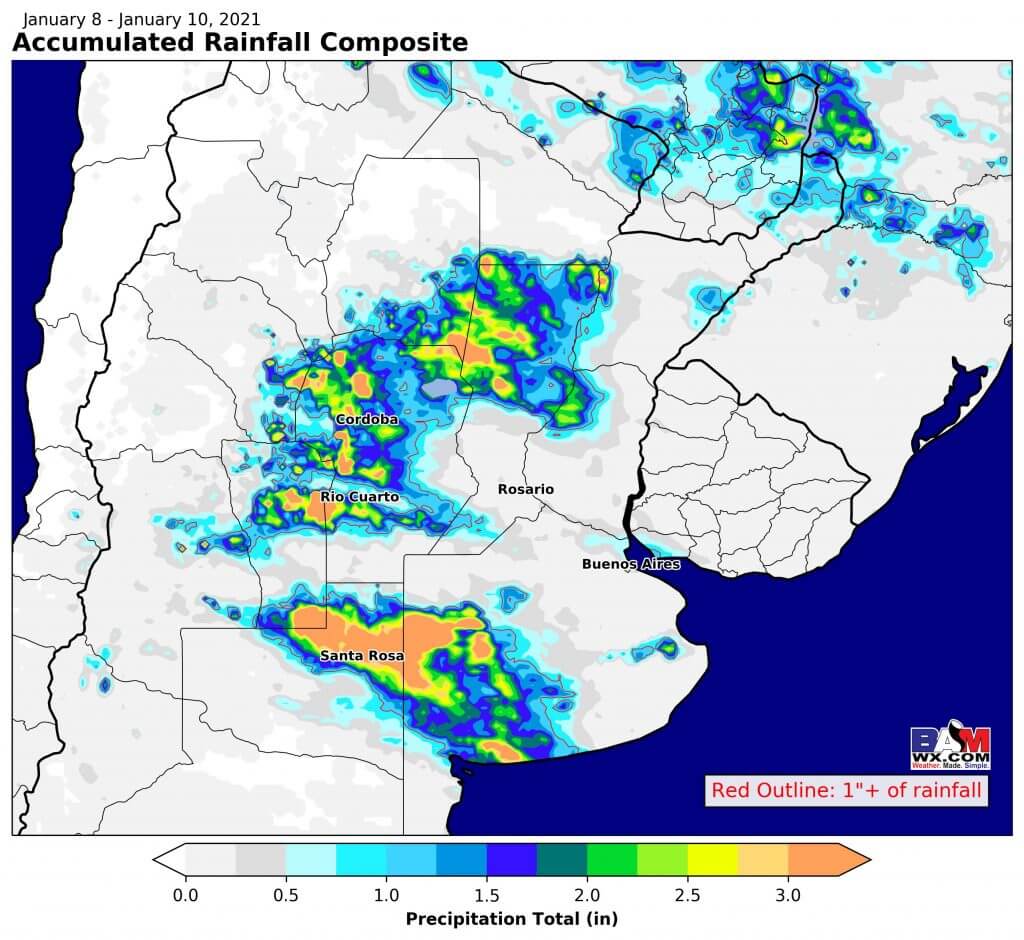 1-11-21 South America: Recapping weekend rains, rainfall potential next 2 weeks + eyeing potential pattern change in the extended. K.
