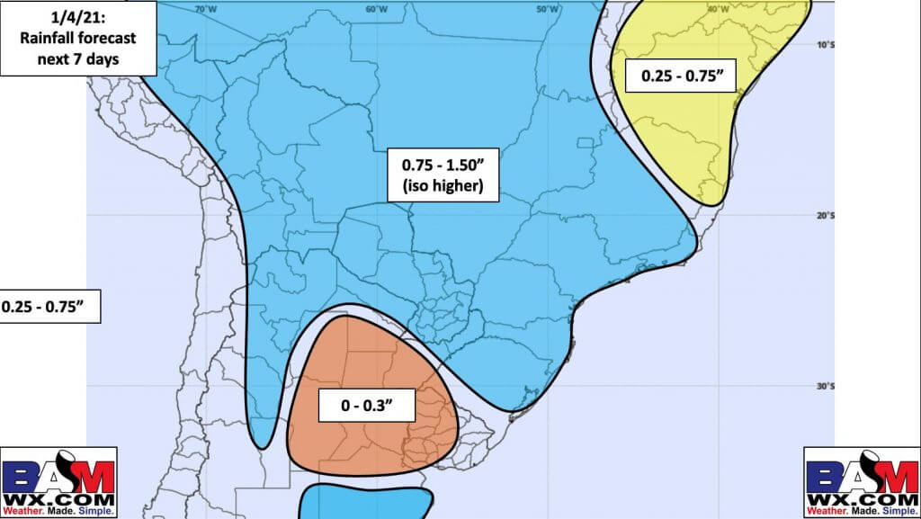 1-4-21 South America: Discussing differing data solutions for the extended precipitation pattern…latest details here. K.