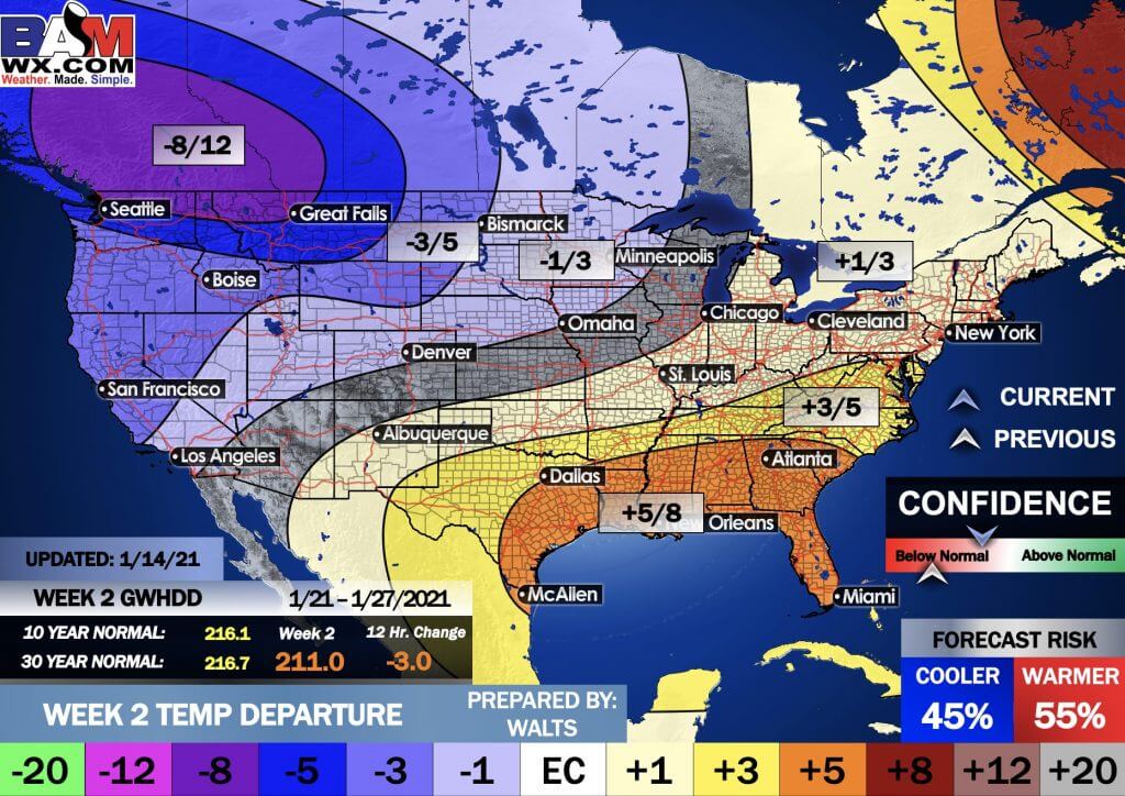 1-14-21 PM Energy Check-up: Southeastern US warmer trends once again on the mid-day models. B.