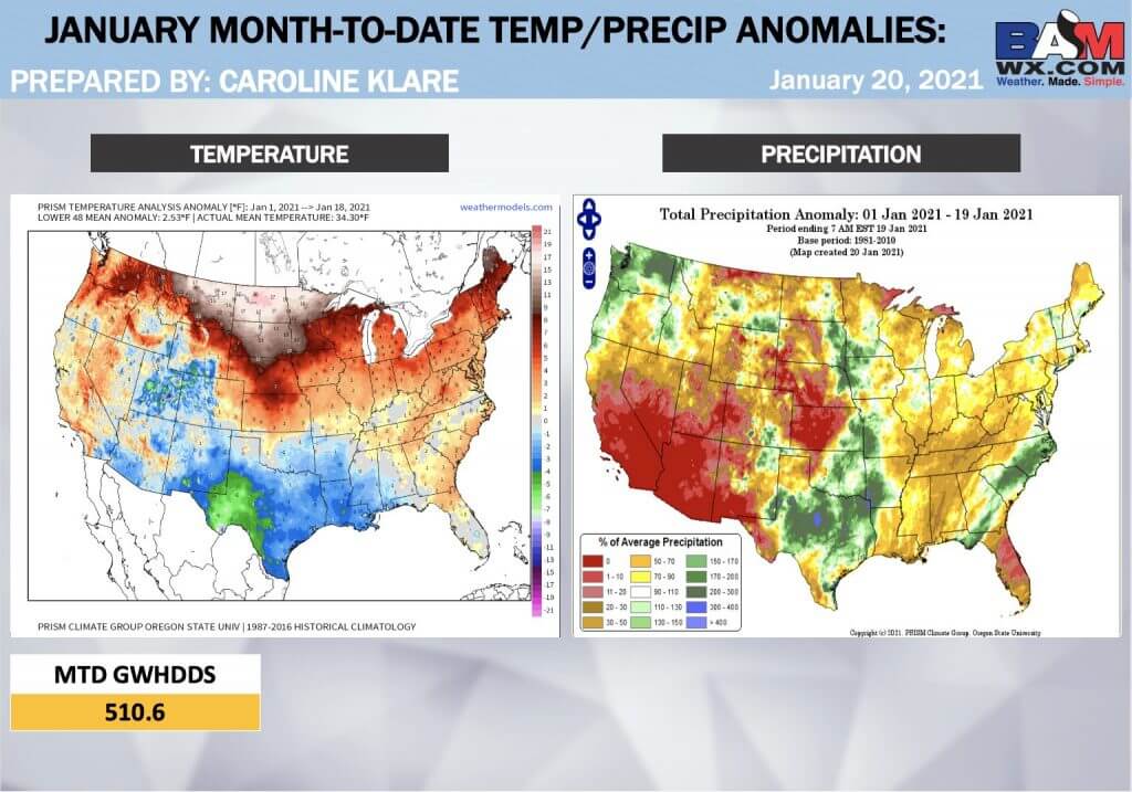 1-20-21 Long-range: Persistent warmer trends continue…expanding above normal temps into February. K.