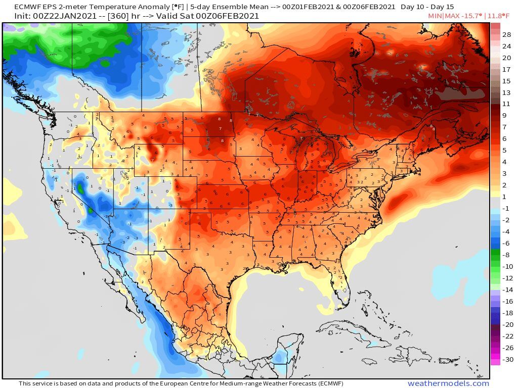 1-22-21 Early AM Energy Report: Warmer pattern thoughts now showing up well on model data. Details here. B.