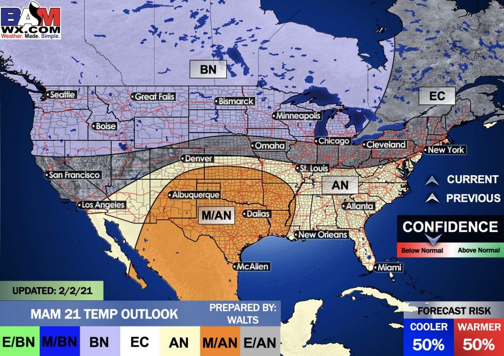 2-4-21 Long-range: Official Spring Outlook breakdown. Influences of the Polar Vortex may linger late Feb/March. B.