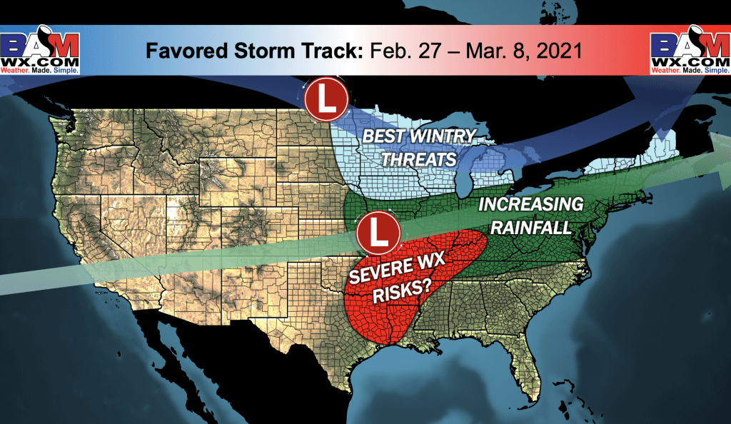 2-18-21 Long-range: Discussing shifting storm track into March. Pacific signals driving pattern. Details here. B.