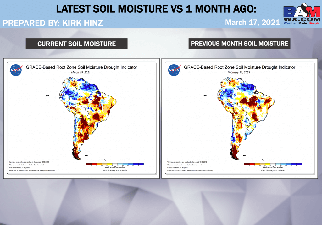 3-17-21 South America: Discussing latest rains, soil moisture anomalies + pattern into late March. K.