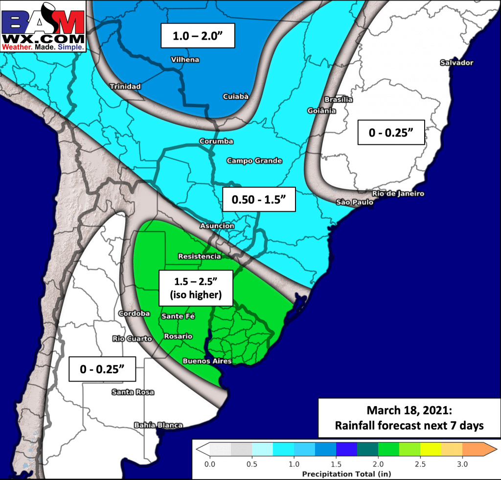 3-19-21 South America: Long-term update today…all data pointing to a pattern flip for central Brazil warmer/drier ahead. K.