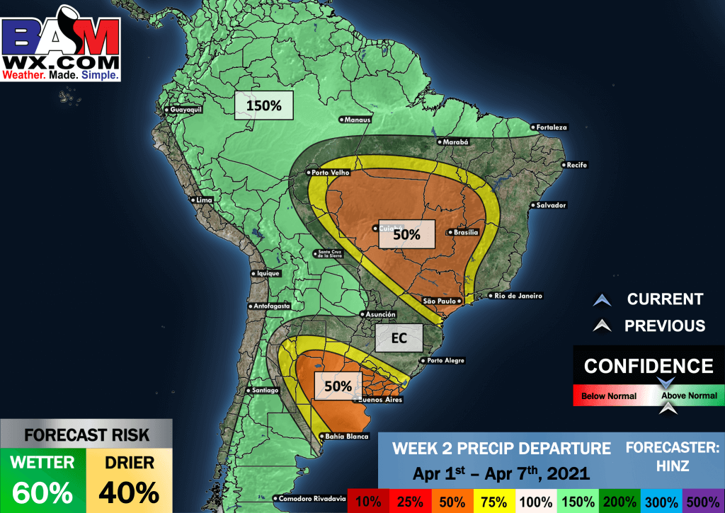 3-25-21 South America: Discussing week 2 wetter model change risks. K.