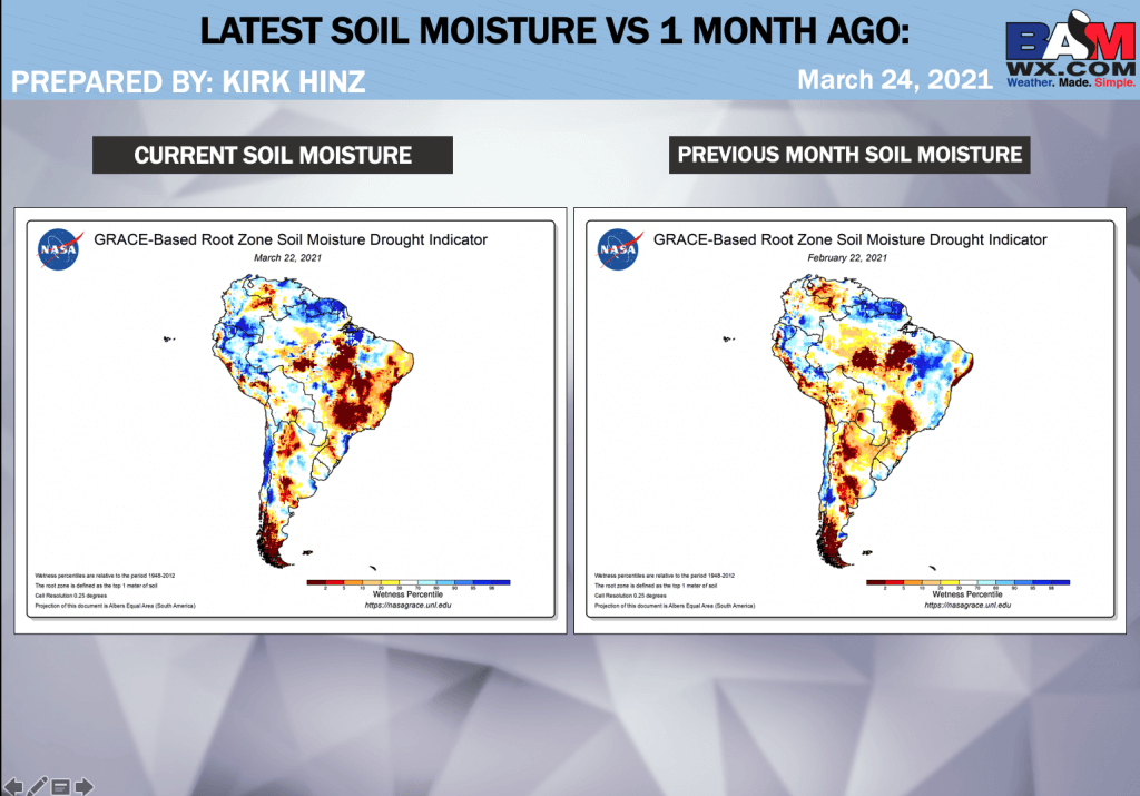 3-24-21 South America: Checking on latest soil moisture anomalies + precipitation trends in the forecast into April. K.