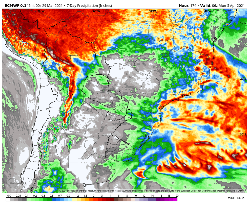 3-29-21 South America: Quite dry across many cropland areas over the next 7-10 days…discussing risks into mid-April. K.