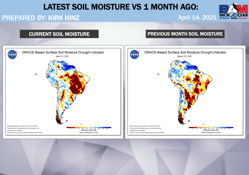 4-14-21 South America: No major changes in the forecast over the next 2 weeks…discussing latest soil moisture anomaly maps as well today. K.