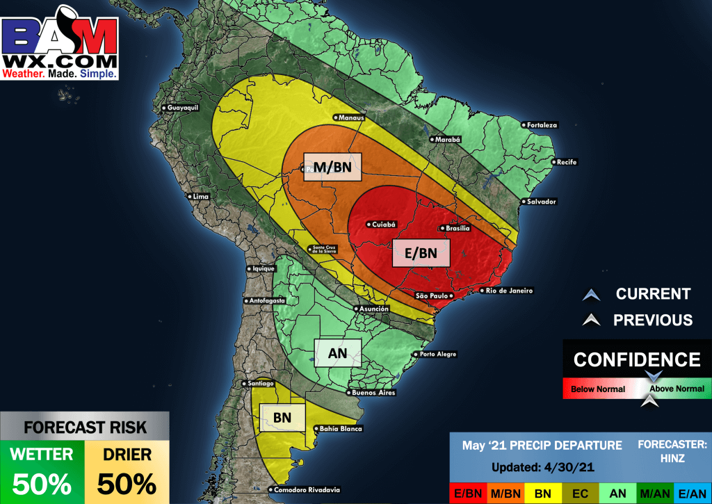 4-30-21 South America: Sharing final May forecast outlooks today…high concern for hot/dry persisting in central Brazil ahead. K.