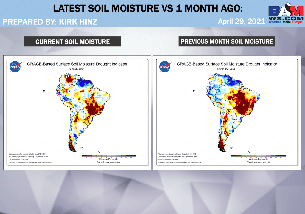 4-29-21 South America: Sharing latest soil moisture anomalies + eyeing impactful hot/dry conditions lingering in Brazil ahead. K.