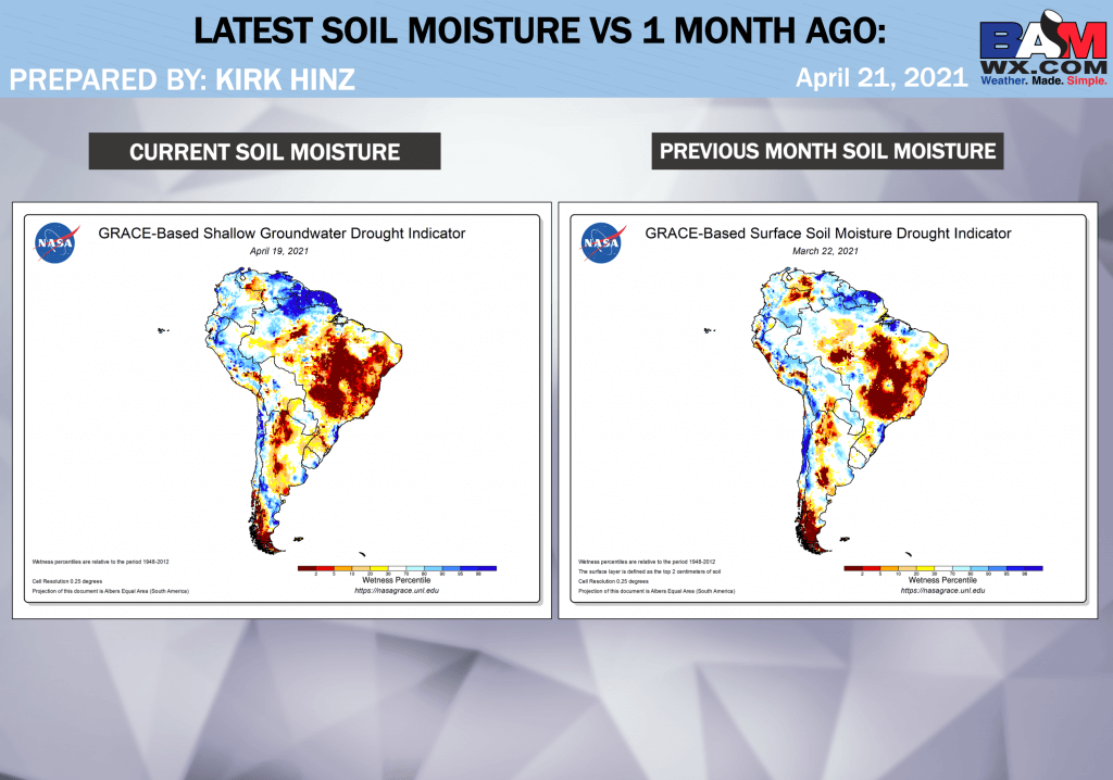 4-21-21 South America: Depleting soil moisture anomalies continue to grow across central Brazil major croplands. Details here. K.