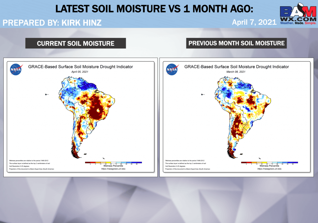 4-7-21 South America: Discussing latest soil moisture anomaly differences + forecast thoughts over the next 2 weeks. K.