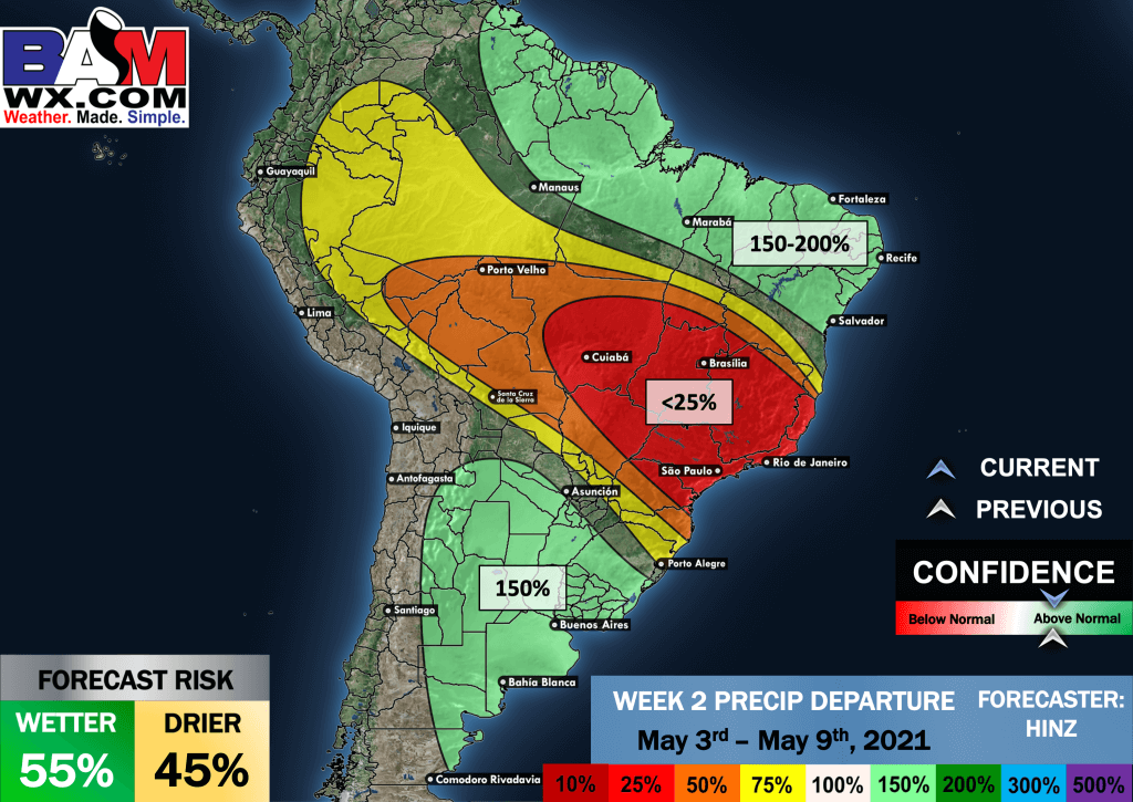 4-26-21 South America: Major concern for hot/dry conditions persisting ahead for most of the safrinha crop. Details here. K/