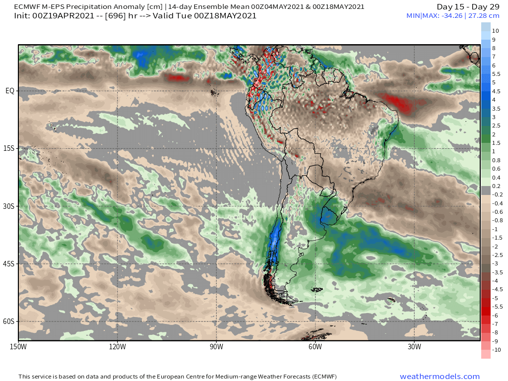 4-20-21 South America: Increasing concern for the safrinha crop in Brazil w/ much below normal precip chances continuing ahead. K.