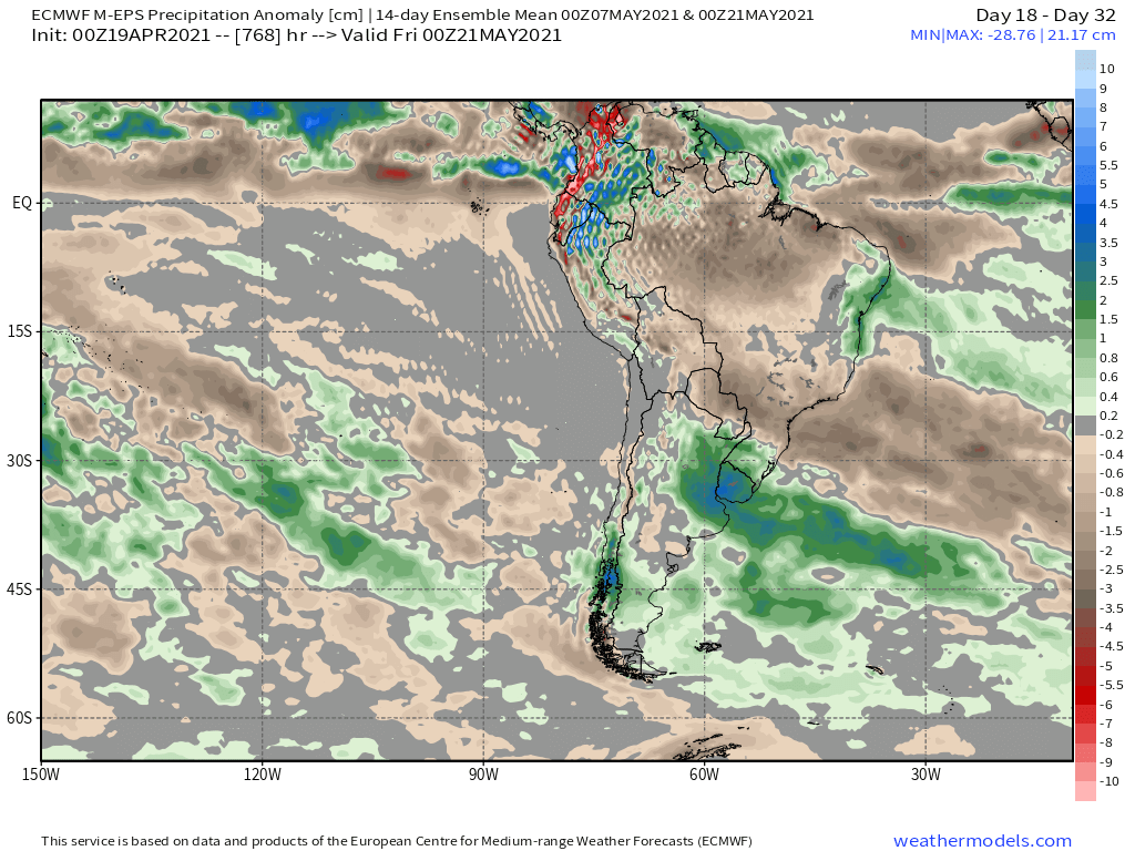 4-22-21 South America: Check on month to date anomalies + discussing Brazil precip deficits continuing ahead. K.