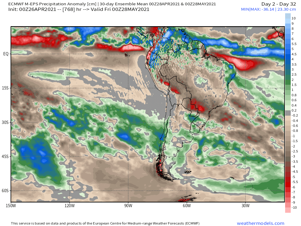 4-27-21 South America: Forecast remaining consistent next 4 weeks…discussing growing precipitation concerns. K.