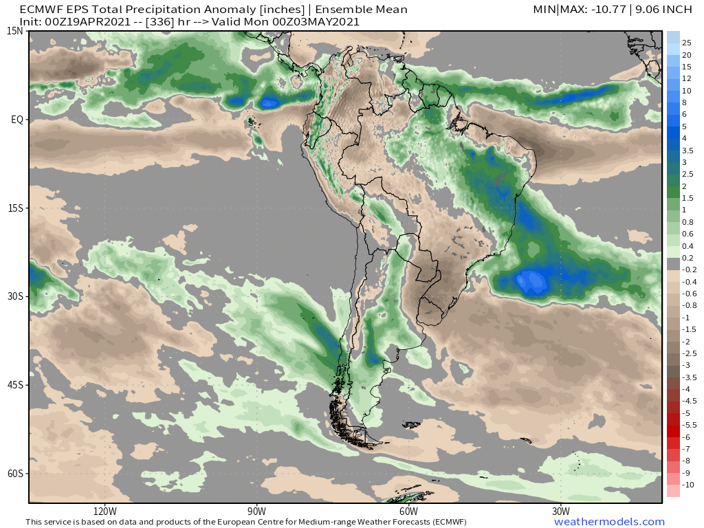 4-19-21 South America: Heavy influence from the MJO ahead in regards to the precipitation pattern…latest details here. K.