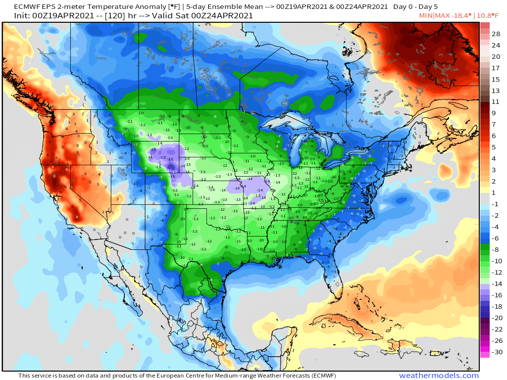 4-19-21 Early AM Energy Report: Big cold in the short-term… pattern moderates into May. B.